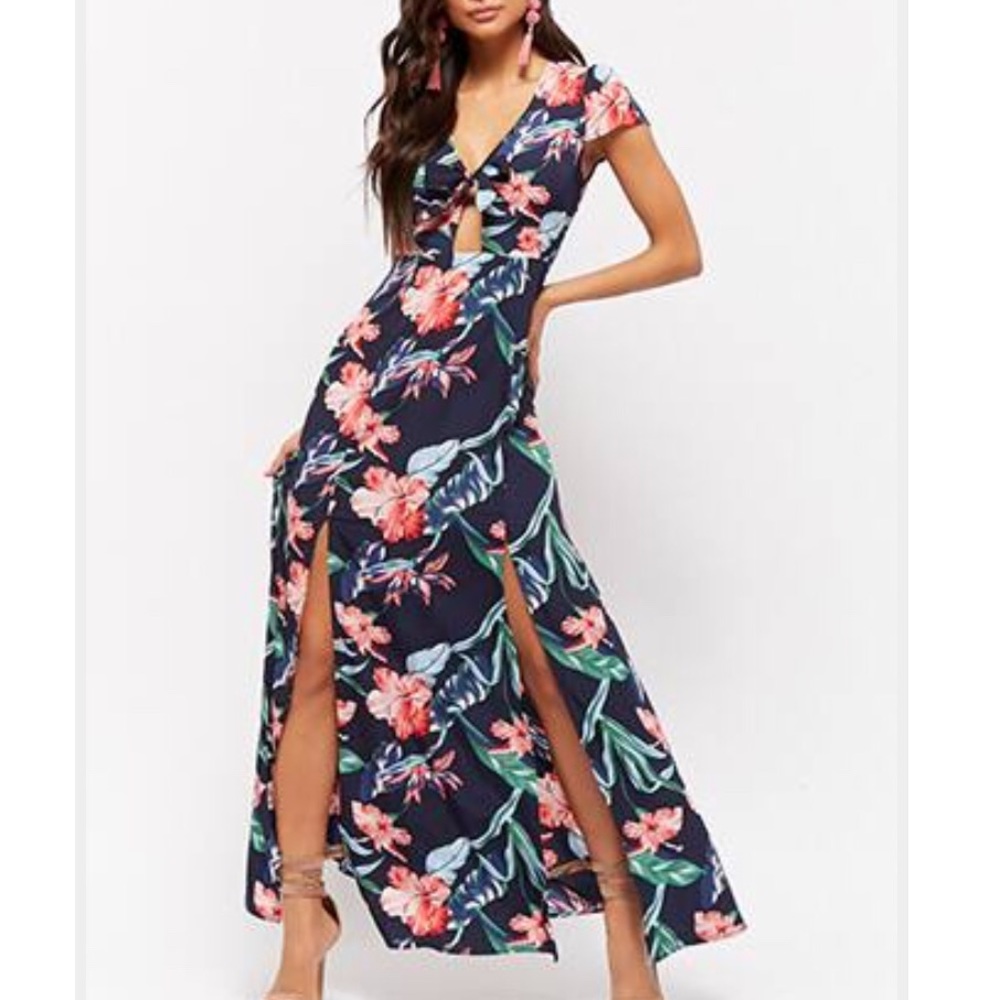 Hawaiian Print Open Back Cap Sleeve Maxi Dress